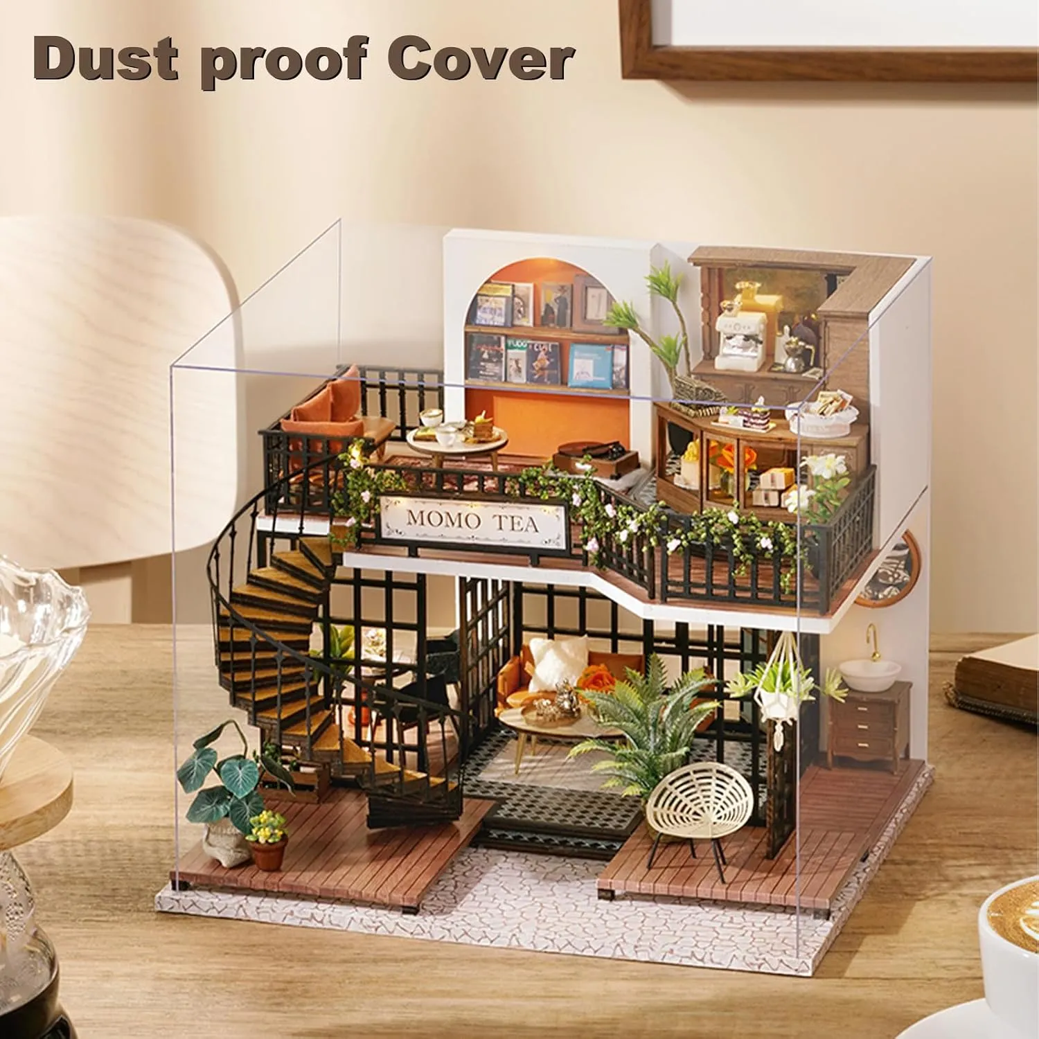 Puzzle Creative Woodcrafts Building Set Model conestoga Hobbies, Birthday Gift for Women Men DIY Miniature Dollhouse Kit, Tiny Forest Teashop House Model with LED Lights Dust Cover, Handmade Furniture 3D Wooden 