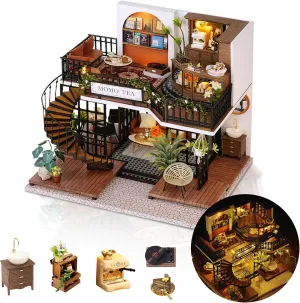 Puzzle Creative Woodcrafts Building Set Model conestoga Hobbies, Birthday Gift for Women Men DIY Miniature Dollhouse Kit, Tiny Forest Teashop House Model with LED Lights Dust Cover, Handmade Furniture 3D Wooden 