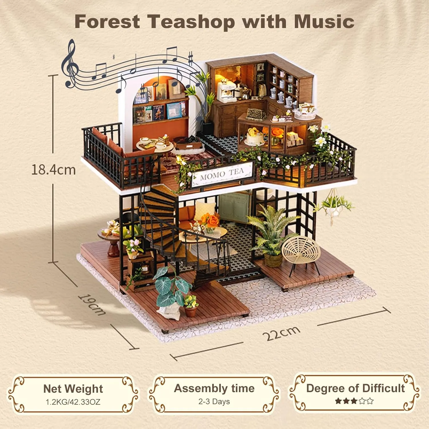 Puzzle Creative Woodcrafts Building Set Model conestoga Hobbies, Birthday Gift for Women Men DIY Miniature Dollhouse Kit, Tiny Forest Teashop House Model with LED Lights Dust Cover, Handmade Furniture 3D Wooden 