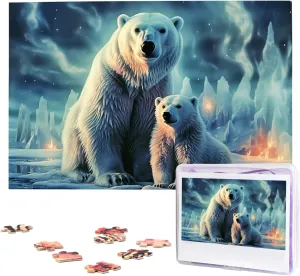 Puzzles condensation pack unexpected 1000 Pieces Wooden Jigsaw Puzzle Personalized Picture Puzzles Family Decoration Photo Puzzle for Adults (29.5" x 19.7") Polar Bears Northern Lights 