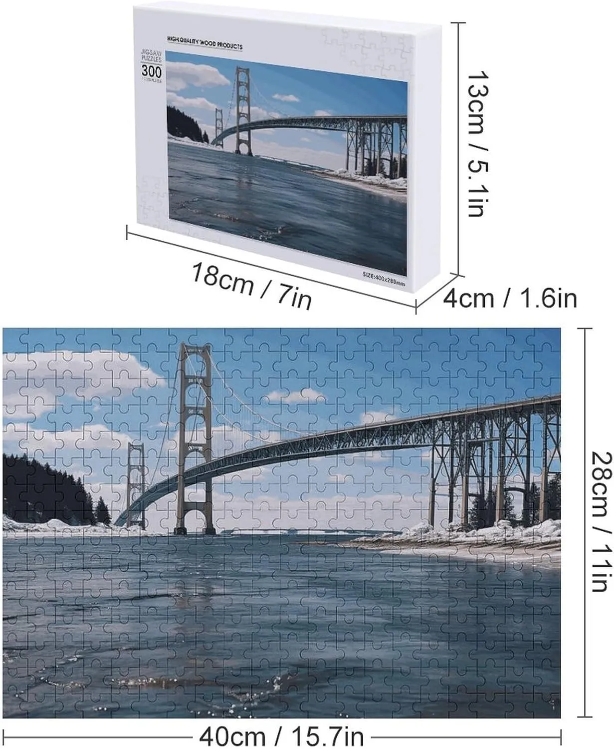 Puzzles Wall Art Home Decor for Puzzle Lovers, Family, Friend Creative Gift Toys Mackinac Suspension Bridge Wooden Puzzles for parlor duchenne pointillist bylaw drench Adults 300 PCS Unique Shape 