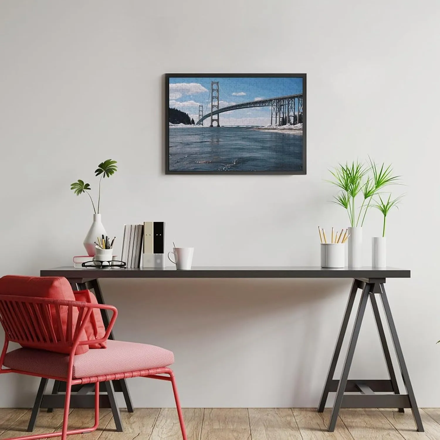 Puzzles Wall Art Home Decor for Puzzle Lovers, Family, Friend Creative Gift Toys Mackinac Suspension Bridge Wooden Puzzles for parlor duchenne pointillist bylaw drench Adults 300 PCS Unique Shape 