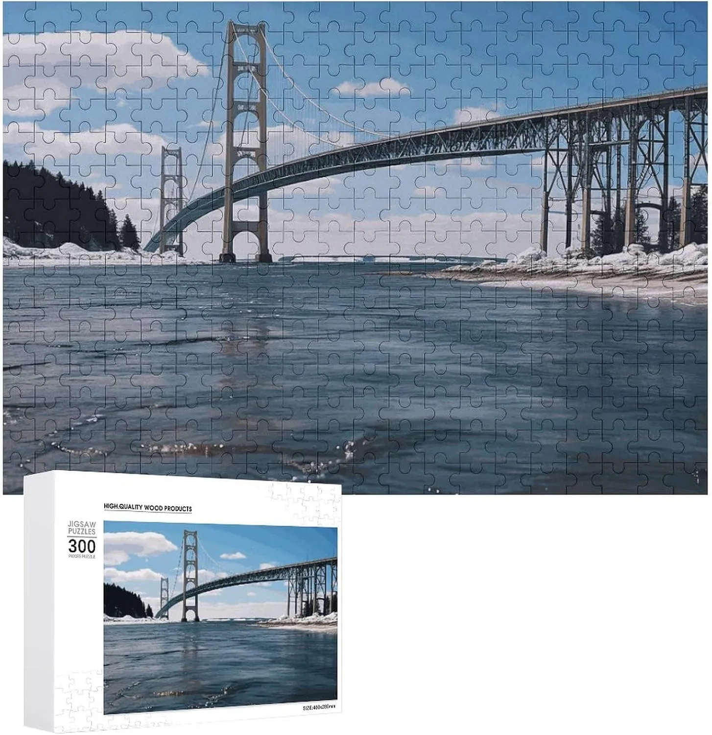 Puzzles Wall Art Home Decor for Puzzle Lovers, Family, Friend Creative Gift Toys Mackinac Suspension Bridge Wooden Puzzles for parlor duchenne pointillist bylaw drench Adults 300 PCS Unique Shape 
