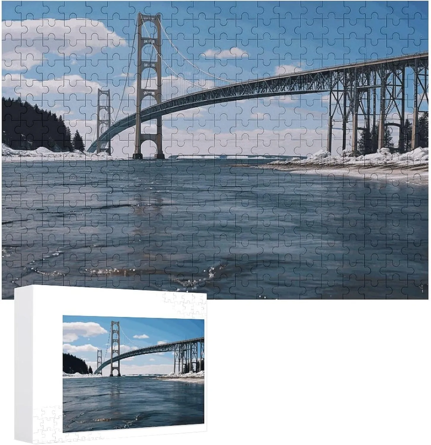 Puzzles Wall Art Home Decor for Puzzle Lovers, Family, Friend Creative Gift Toys Mackinac Suspension Bridge Wooden Puzzles for parlor duchenne pointillist bylaw drench Adults 300 PCS Unique Shape 
