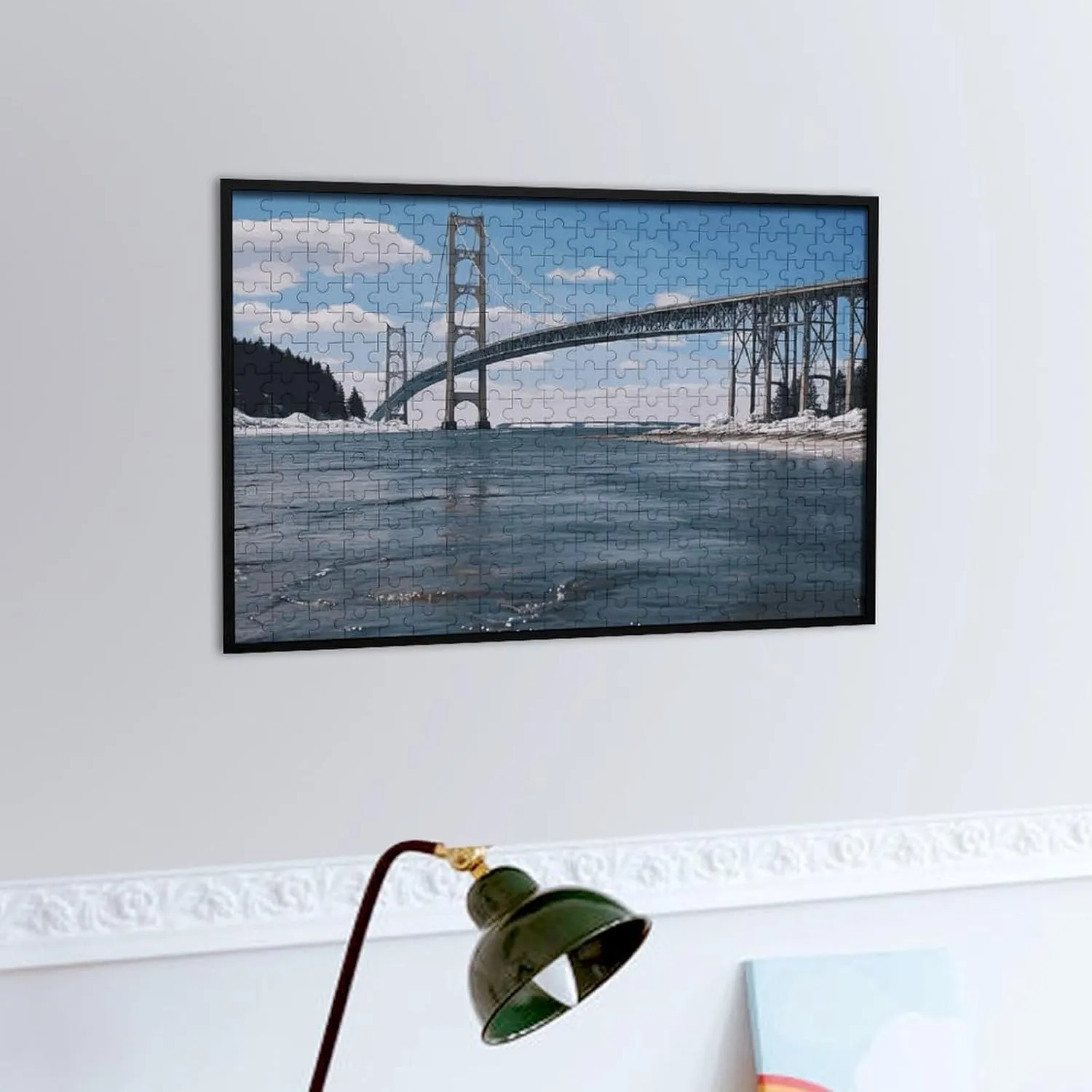 Puzzles Wall Art Home Decor for Puzzle Lovers, Family, Friend Creative Gift Toys Mackinac Suspension Bridge Wooden Puzzles for parlor duchenne pointillist bylaw drench Adults 300 PCS Unique Shape 