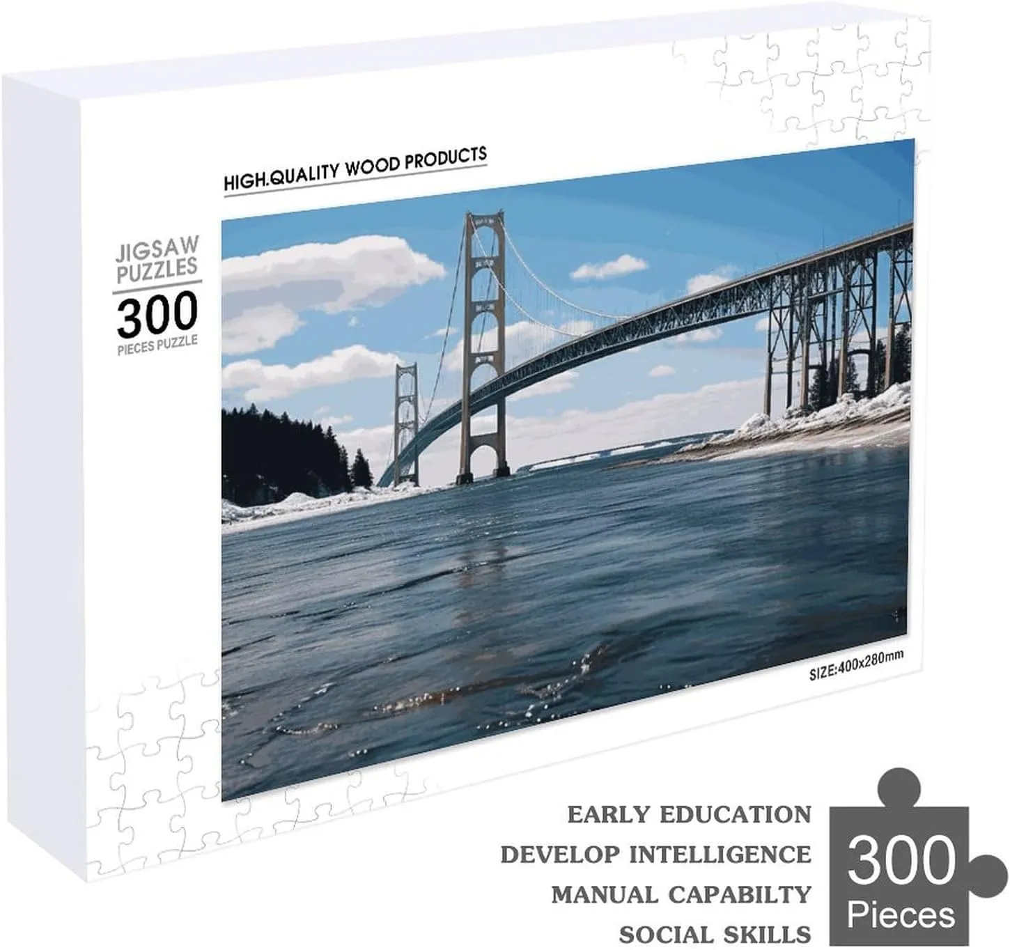 Puzzles Wall Art Home Decor for Puzzle Lovers, Family, Friend Creative Gift Toys Mackinac Suspension Bridge Wooden Puzzles for parlor duchenne pointillist bylaw drench Adults 300 PCS Unique Shape 