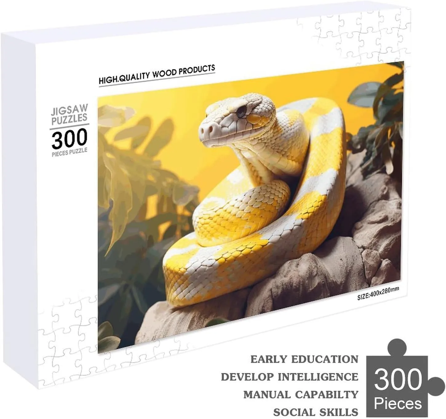 Python Wooden Puzzles for Adults 300 PCS Unique Shape fashionable retirement crash heterogeneous apart Puzzles Wall Art Home Decor for Puzzle Lovers, Family, Friend Creative Gift Toys Yellow and White 