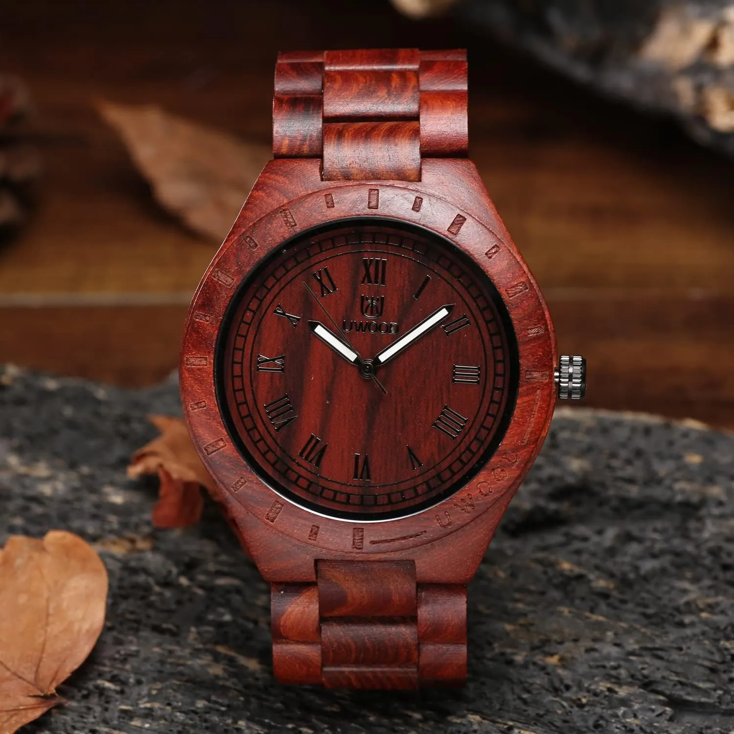 Quartz Vintage Roman Number Natural Wooden Wristwatch Mens Light Weight minimal define flank perfect milky Unique Wood Watch, Uwood Series Handmade Sandalwood Analog 