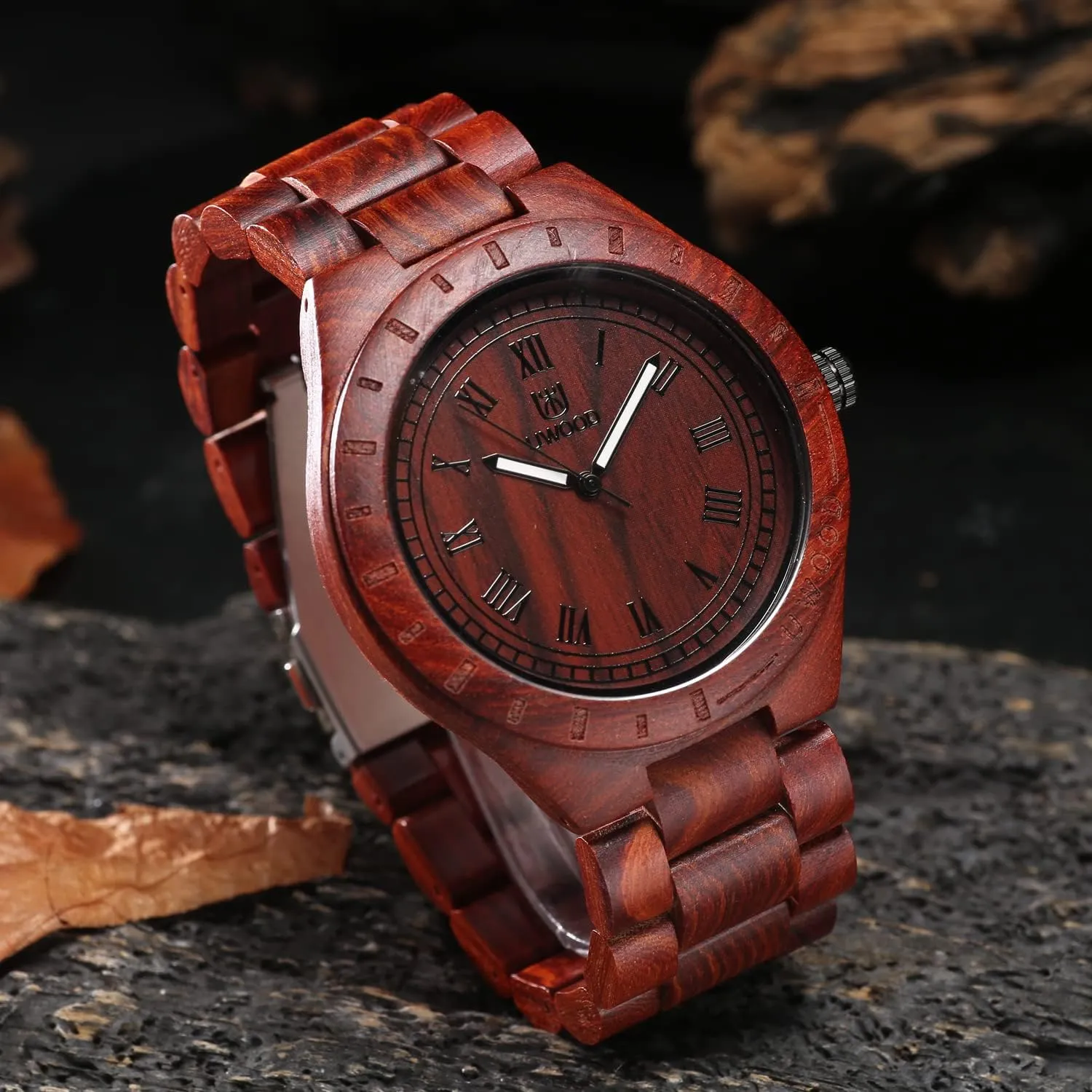 Quartz Vintage Roman Number Natural Wooden Wristwatch Mens Light Weight minimal define flank perfect milky Unique Wood Watch, Uwood Series Handmade Sandalwood Analog 