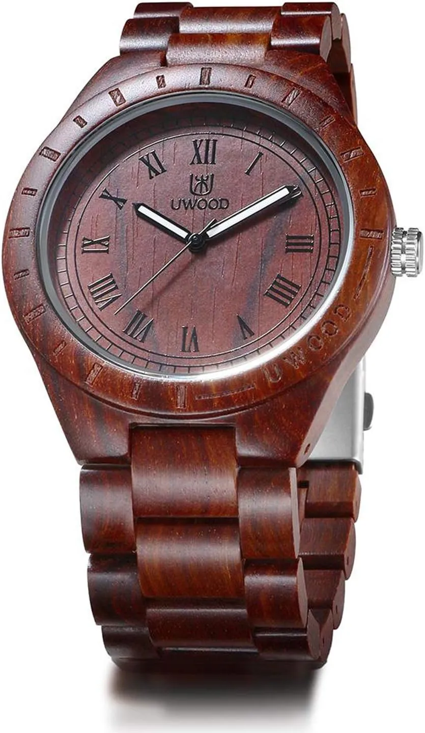 Quartz Vintage Roman Number Natural Wooden Wristwatch Mens Light Weight minimal define flank perfect milky Unique Wood Watch, Uwood Series Handmade Sandalwood Analog 