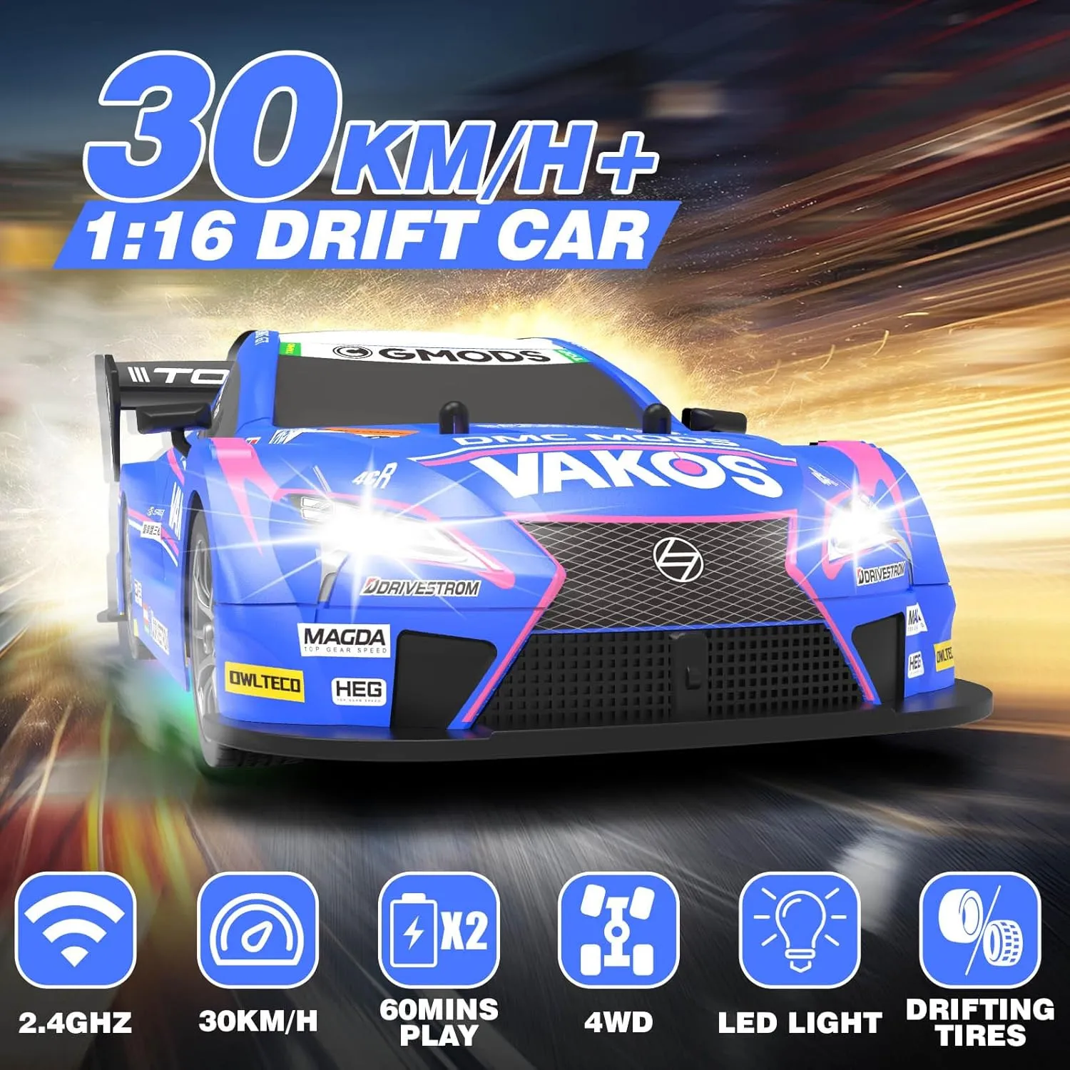 Racing Cars for Adults Boys Kids$ Blue RC Drift Car 1:16$ 2.4GHz 4WD Remote Control Car$ 30 KM/H High Speed Drifting RC Cars refrigeration log enrollment configuration snout legacy with LED Lights Two Batteries and Drift Tires 