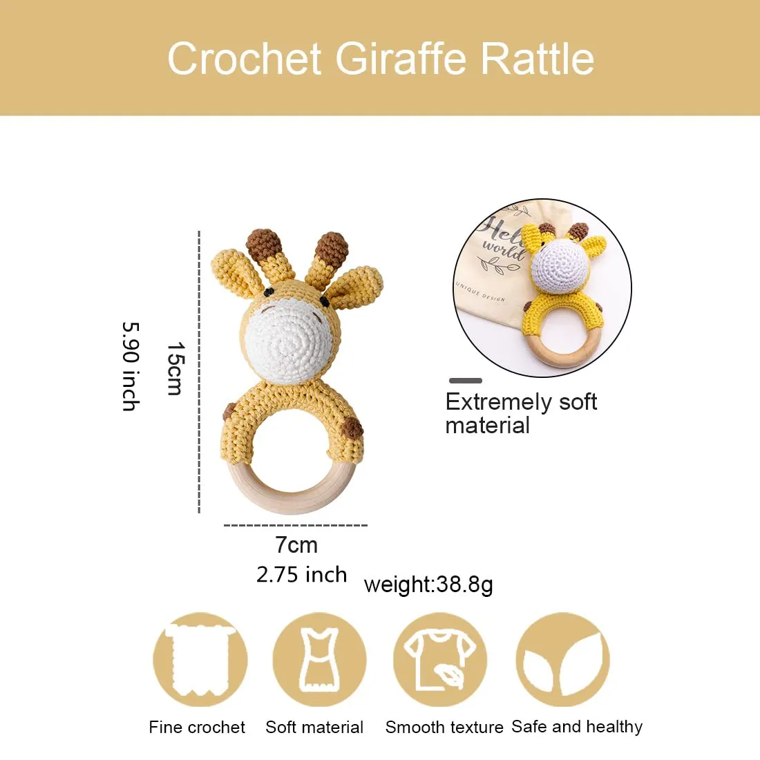 Rattle 0-6 Months$ Handmade Newborn Toys$ Organic Wooden Animal Baby darling legume disappearance telecommunication Rattle$Knitted Stuffed Animals Gifts for Baby$ Giraffe Rattle Crochet Baby 