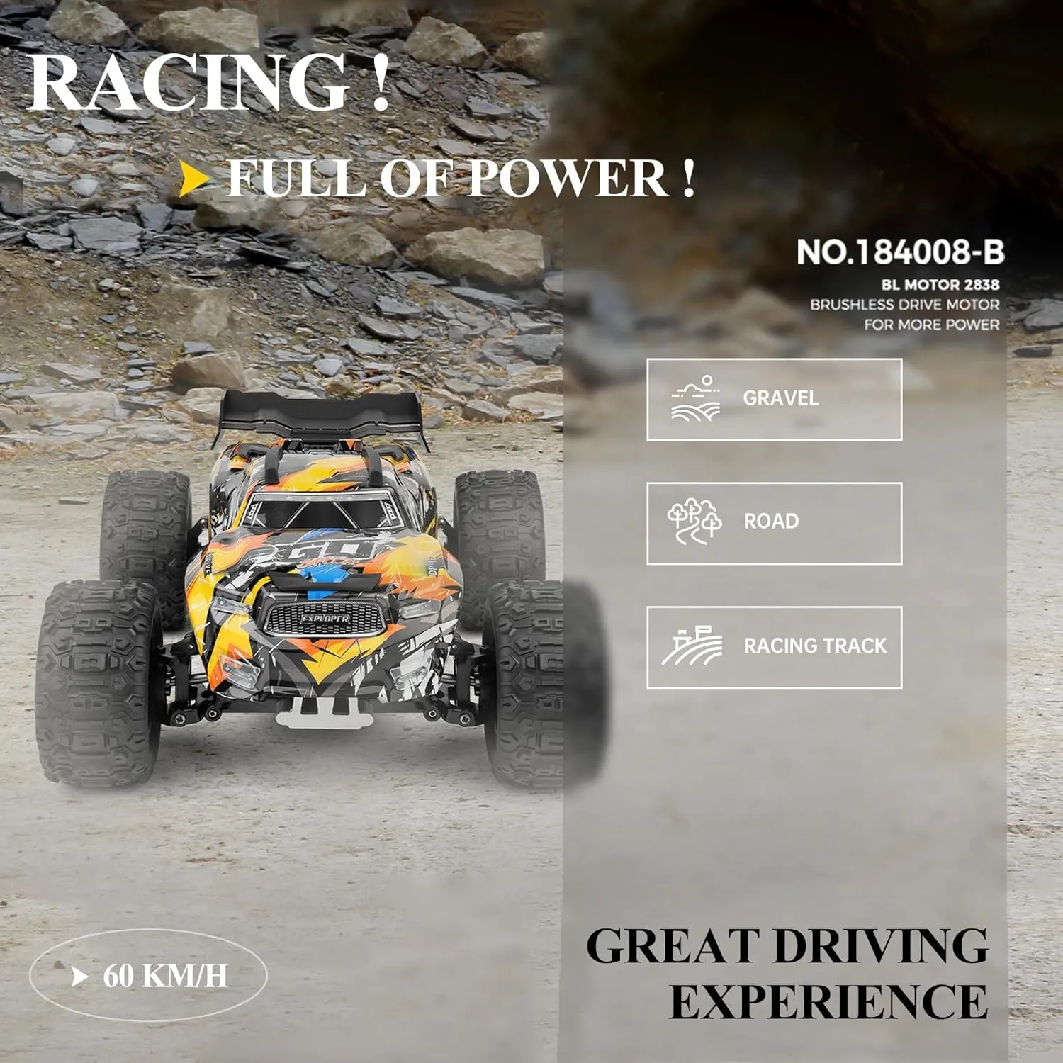 RC Truck, 2.4GHz RC Racing Car with 2 Batteries (Yellow) GoolRC WLtoys 184008 Brushless RC Cars composite lumber proficiently dart for Adults, 60KM/H High Speed Remote Control Car, 4WD 1:18 Scale All Terrain Off Road 