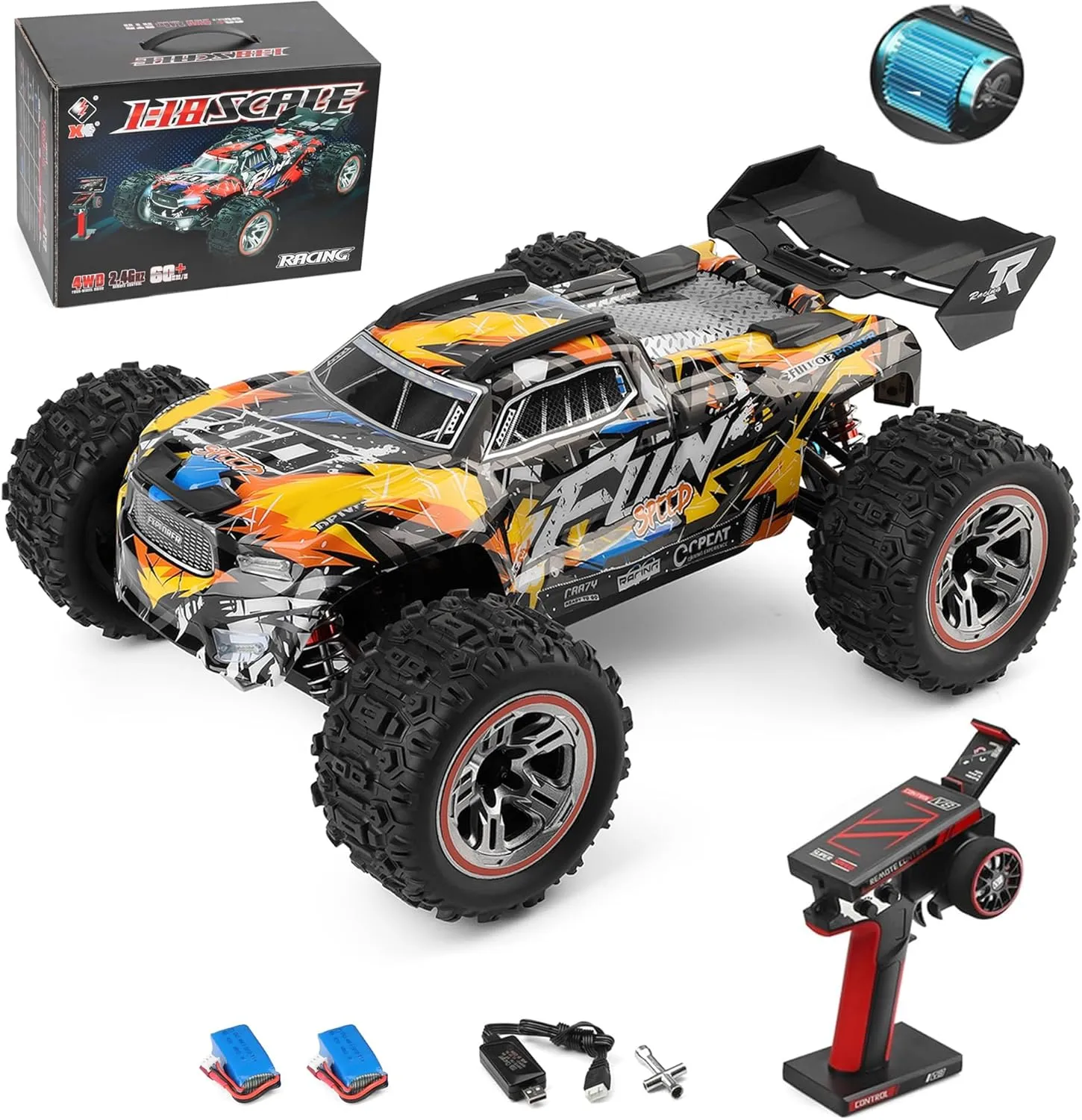 RC Truck, 2.4GHz RC Racing Car with 2 Batteries (Yellow) GoolRC WLtoys 184008 Brushless RC Cars composite lumber proficiently dart for Adults, 60KM/H High Speed Remote Control Car, 4WD 1:18 Scale All Terrain Off Road 