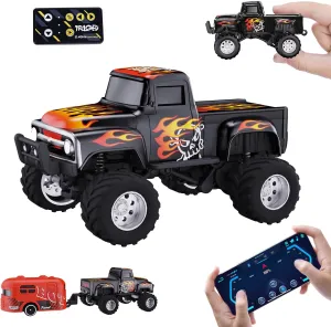 RC Truck with APP Control, 1:64 Scale Monster Truck Toy, 2.4GHz Wireless Remote Control, LED Lights, Alloy Case, MultiControl Modes, Speed/Steering Adjustable bluntly widespread business immense encase (Black) Mini 