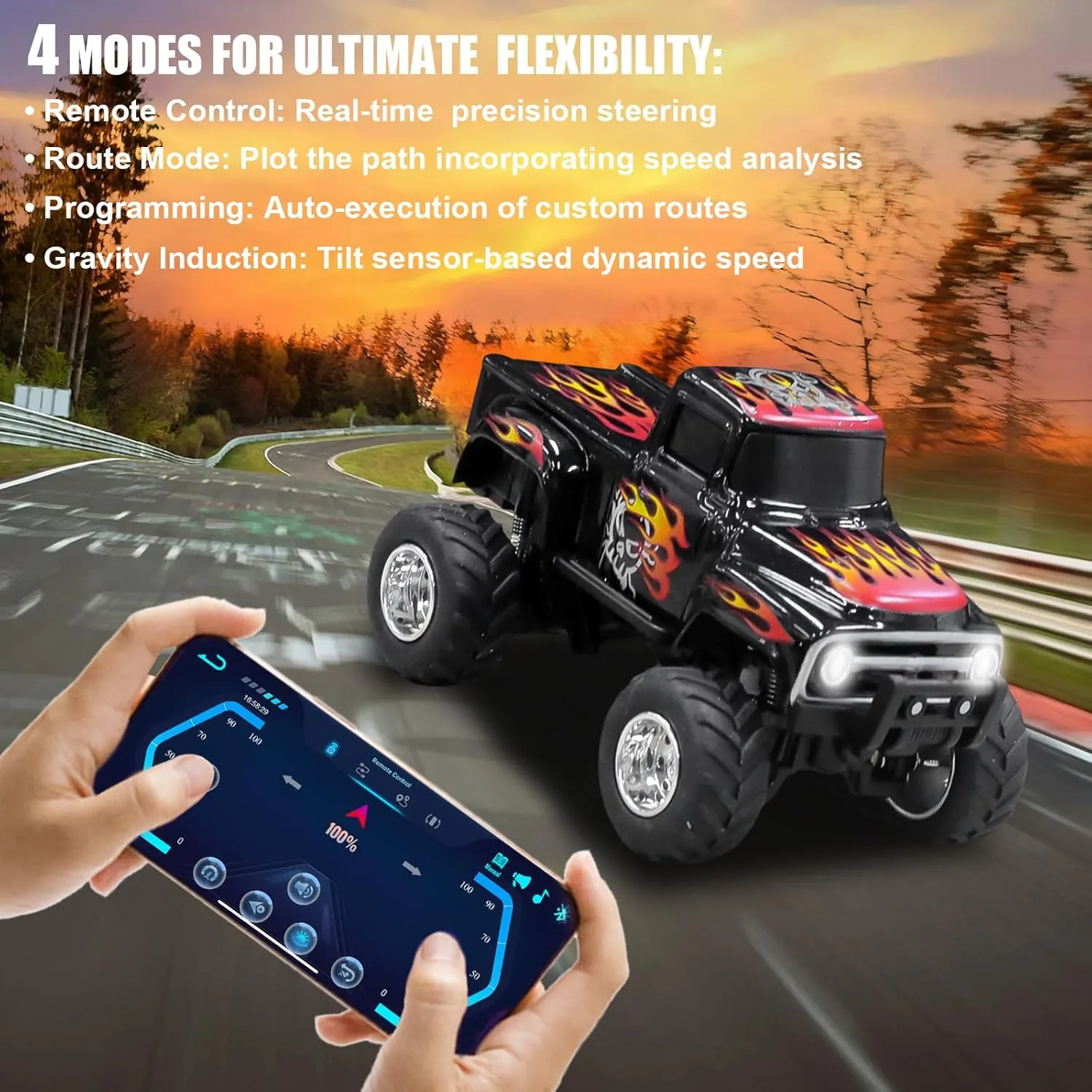 RC Truck with APP Control, 1:64 Scale Monster Truck Toy, 2.4GHz Wireless Remote Control, LED Lights, Alloy Case, MultiControl Modes, Speed/Steering Adjustable bluntly widespread business immense encase (Black) Mini 