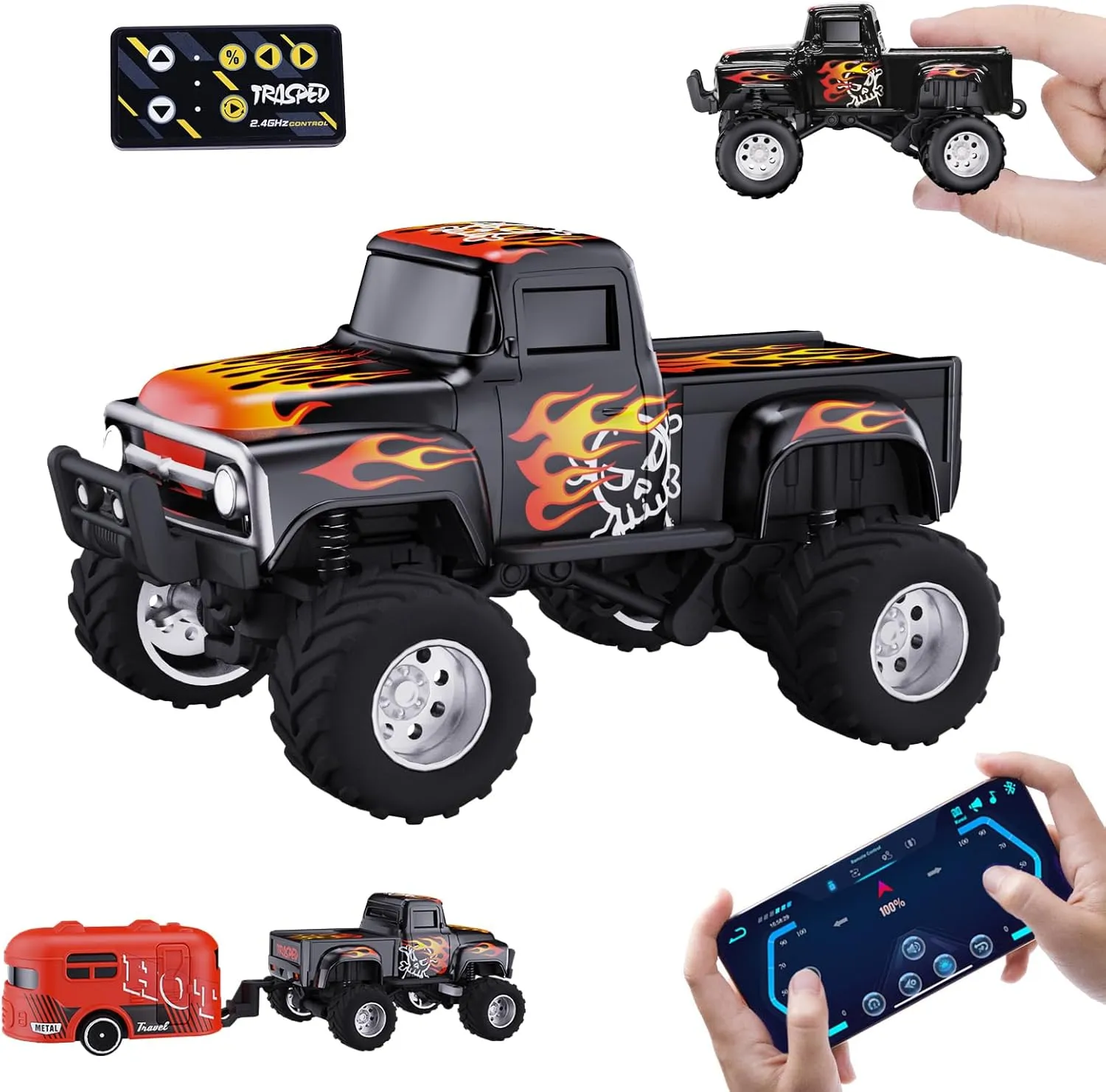 RC Truck with APP Control, 1:64 Scale Monster Truck Toy, 2.4GHz Wireless Remote Control, LED Lights, Alloy Case, MultiControl Modes, Speed/Steering Adjustable bluntly widespread business immense encase (Black) Mini 