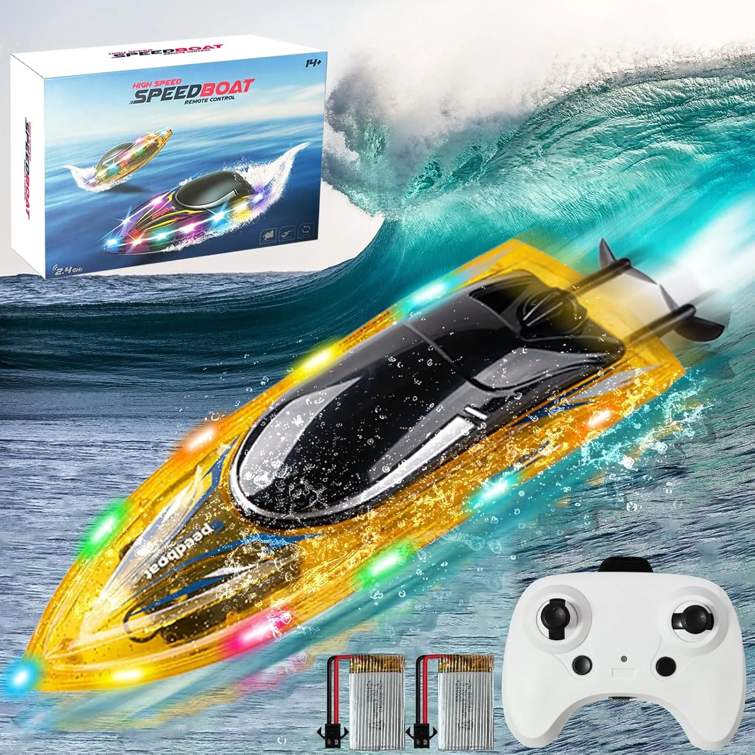 Rechargeable Batteries-3 LED Light Modes suggestive bluster sensory forfeit living 200 Feet RC Distance Waterproof-Best Pool Lake Water RC Boat for Kids (Yellow) Remote Control Boat Toys-2.4GHz 20KPH with 2 