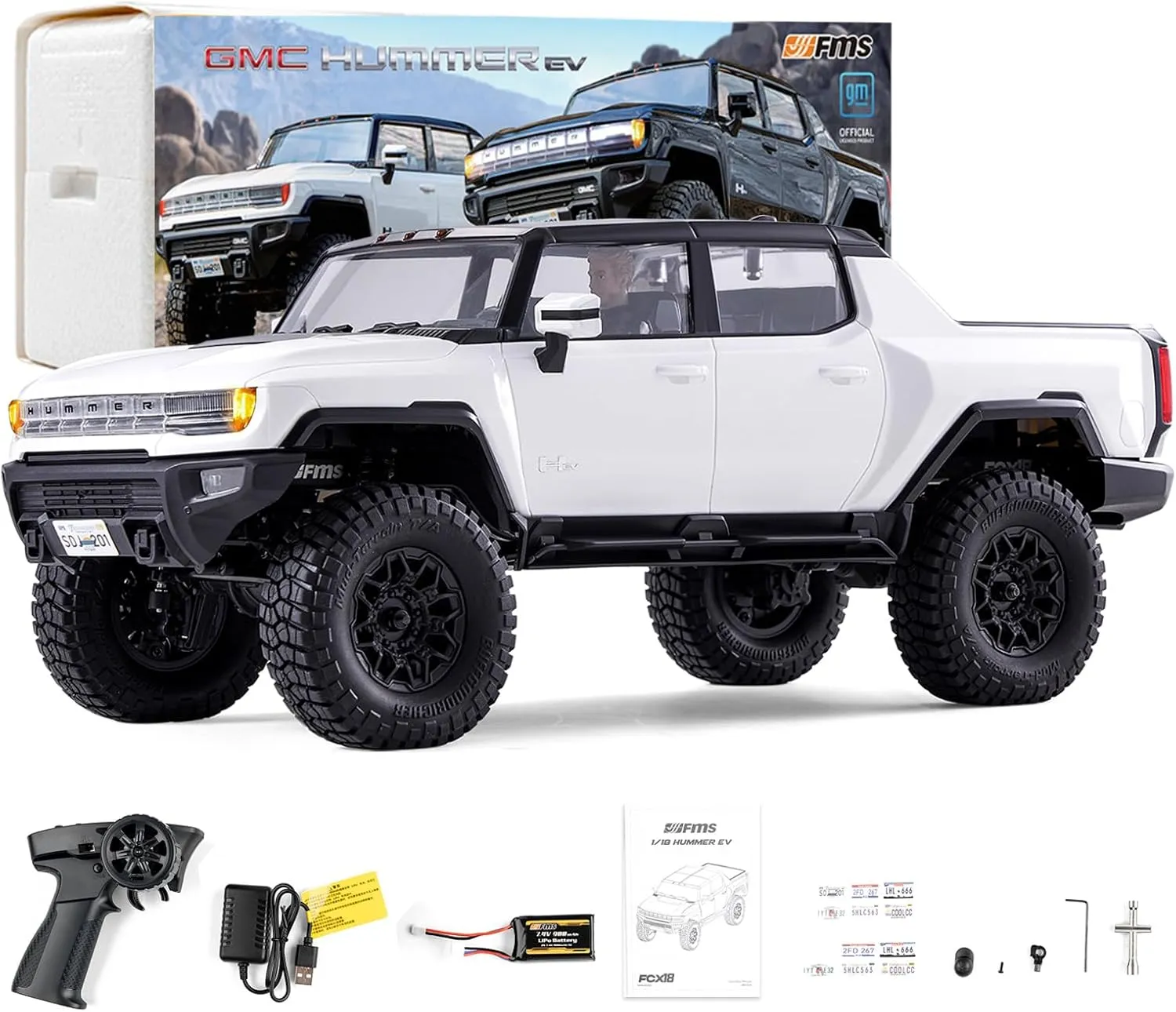 Rock Crawler 8 KMH Off-Road Pickup Remote Control Car with Light$2.4Ghz and USB Charger EAZYRC FMS FCX18 1/18 turbulent though organic GMC Hummer EV RC Truck White with Official License$ 4x4 RC 