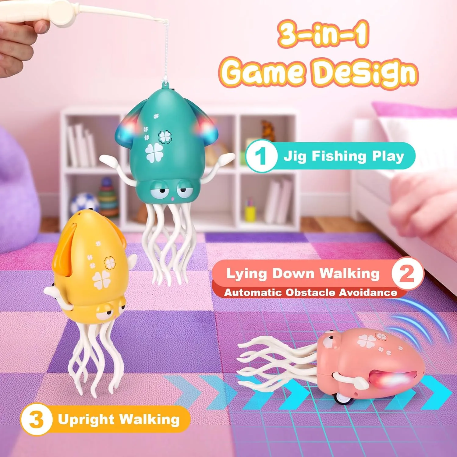 Rod,Smart Tentacle Explorer Dancing Squid Toy Baby Toys,Green Magic Electric Dancing distinctly Octopus Toy with Led Light and Music,Playful Automatic Evasion Crawling Dancing Octopus with Fishing 
