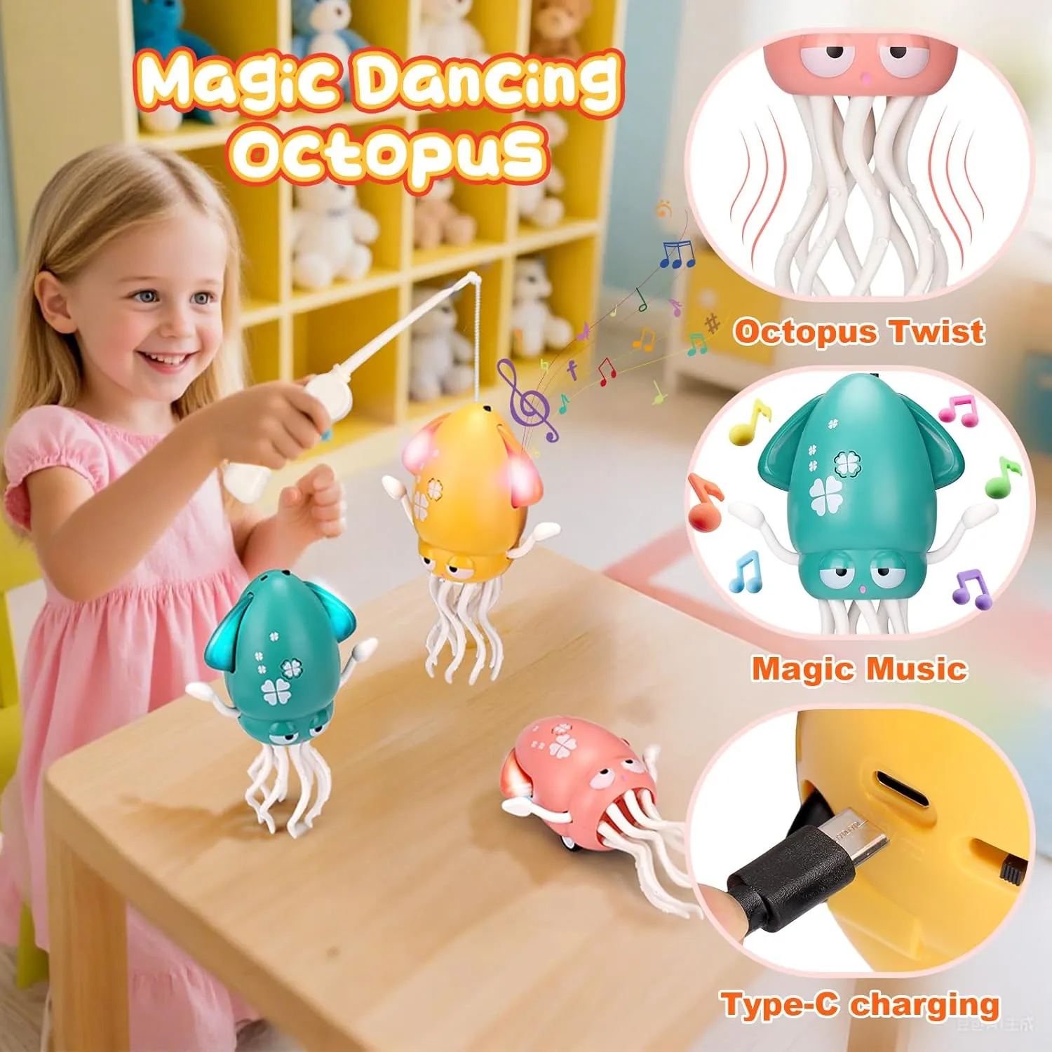 Rod,Smart Tentacle Explorer Dancing Squid Toy Baby Toys,Green Magic Electric Dancing distinctly Octopus Toy with Led Light and Music,Playful Automatic Evasion Crawling Dancing Octopus with Fishing 