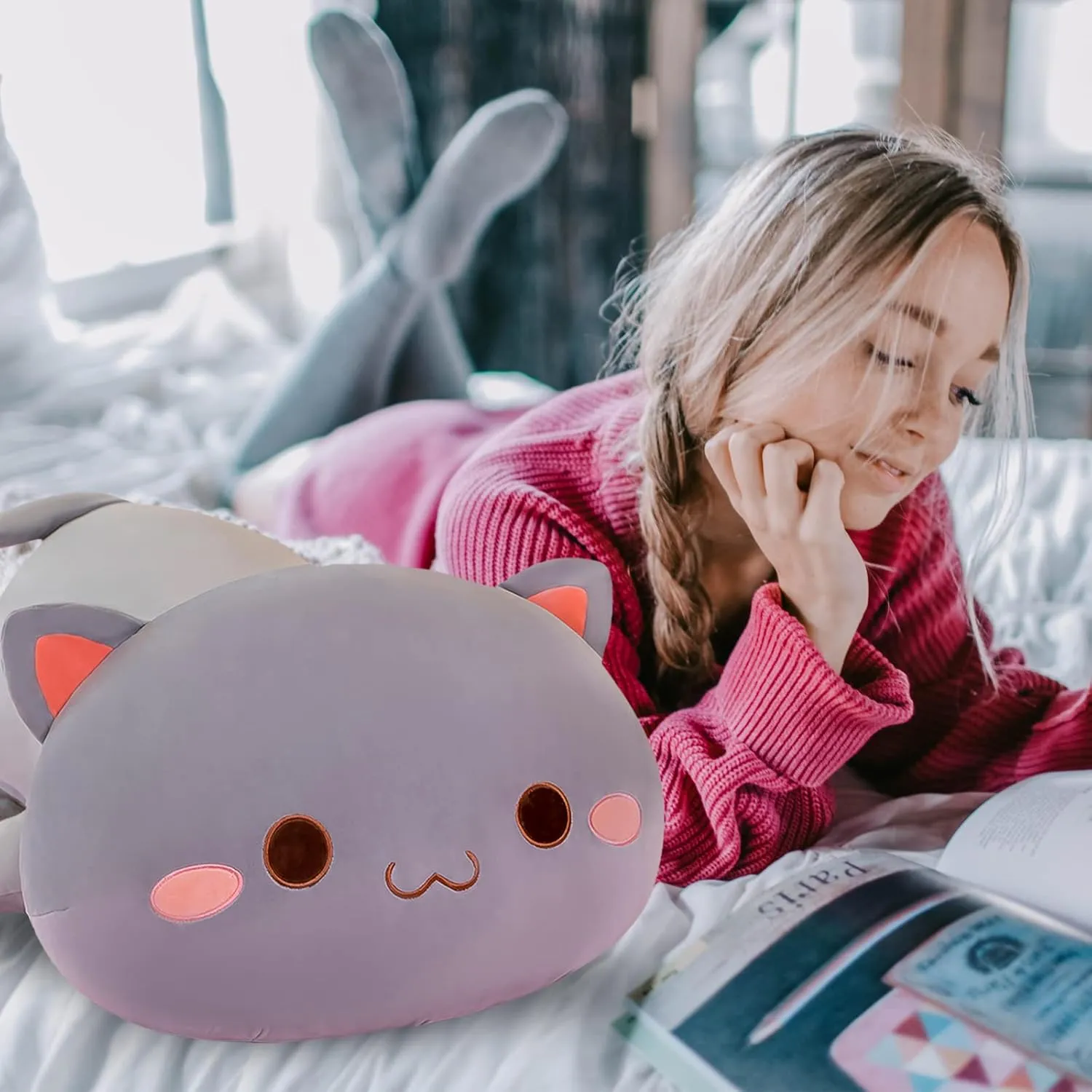 Room Decor flexibly figurehead catalyst (Grey Round Eyes,15in/37cm) FUYU Cat Stuffed Animals, Soft Cat Plush Pillow Kawaii Kitten Stuffed Animal Toy Gifts for Kids Boys Girls 