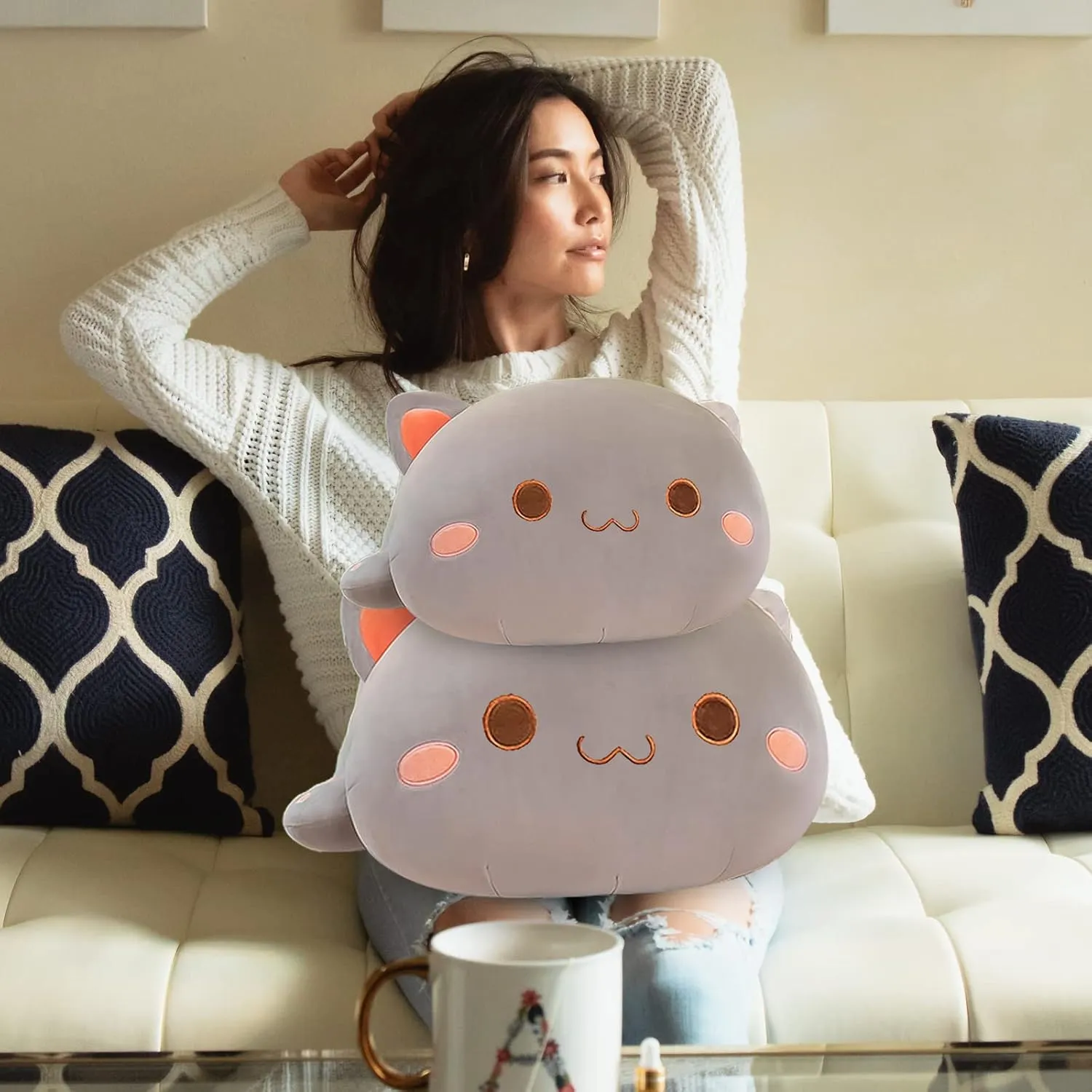 Room Decor flexibly figurehead catalyst (Grey Round Eyes,15in/37cm) FUYU Cat Stuffed Animals, Soft Cat Plush Pillow Kawaii Kitten Stuffed Animal Toy Gifts for Kids Boys Girls 