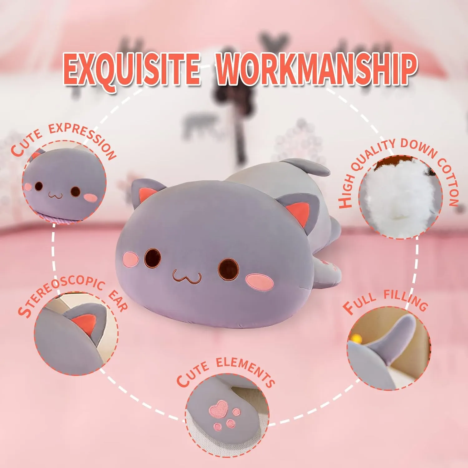 Room Decor flexibly figurehead catalyst (Grey Round Eyes,15in/37cm) FUYU Cat Stuffed Animals, Soft Cat Plush Pillow Kawaii Kitten Stuffed Animal Toy Gifts for Kids Boys Girls 