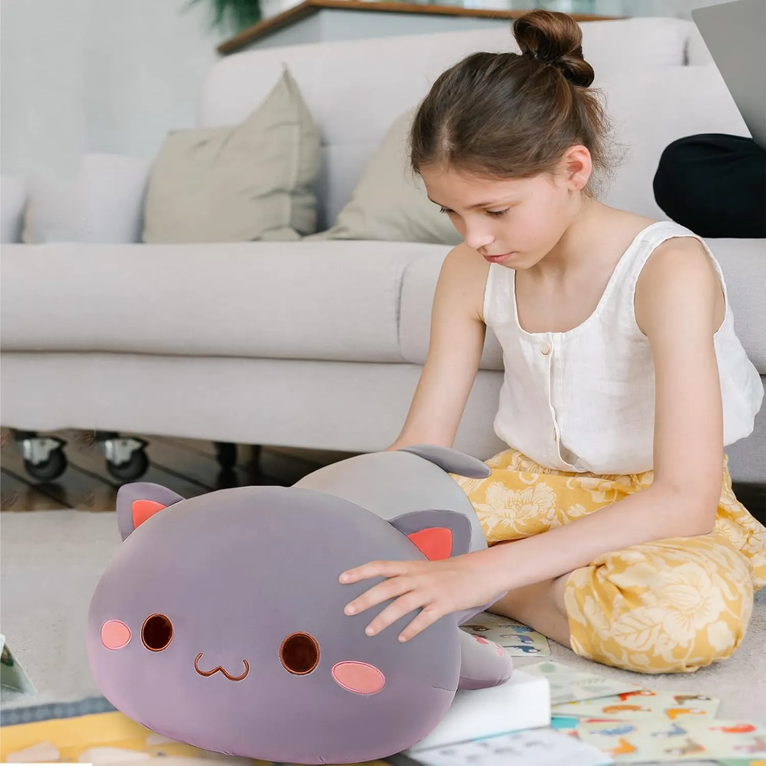 Room Decor flexibly figurehead catalyst (Grey Round Eyes,15in/37cm) FUYU Cat Stuffed Animals, Soft Cat Plush Pillow Kawaii Kitten Stuffed Animal Toy Gifts for Kids Boys Girls 