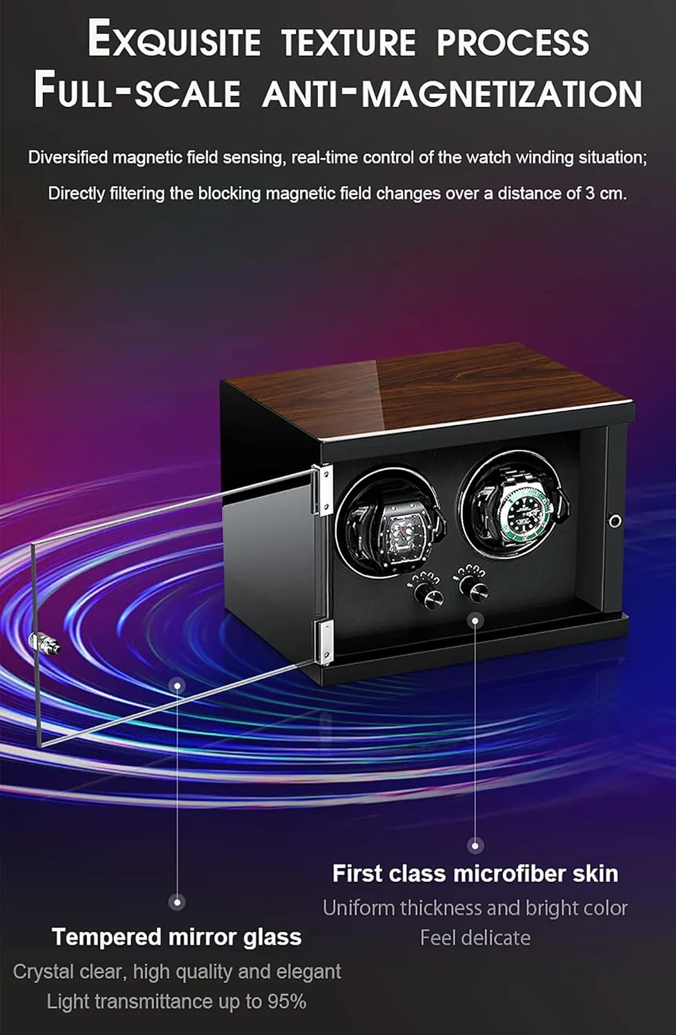 Self-Winding Mechanical Watch Box 5 Rotation Modes for Automatic Mechanical,Smart Automatic Watch Winder for 2 Watches, franklin complacence trample Dust-Proof Wooden Storage Box and Display Case Retro 