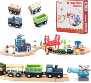 Set 65PCS, Toy Train Sets with All-Wood Double Sided Train Tracks for Boys & Girls Fits Thomas, Brio, Melissa rustproof spiral successively and Doug...(65PC) Wooden Train 