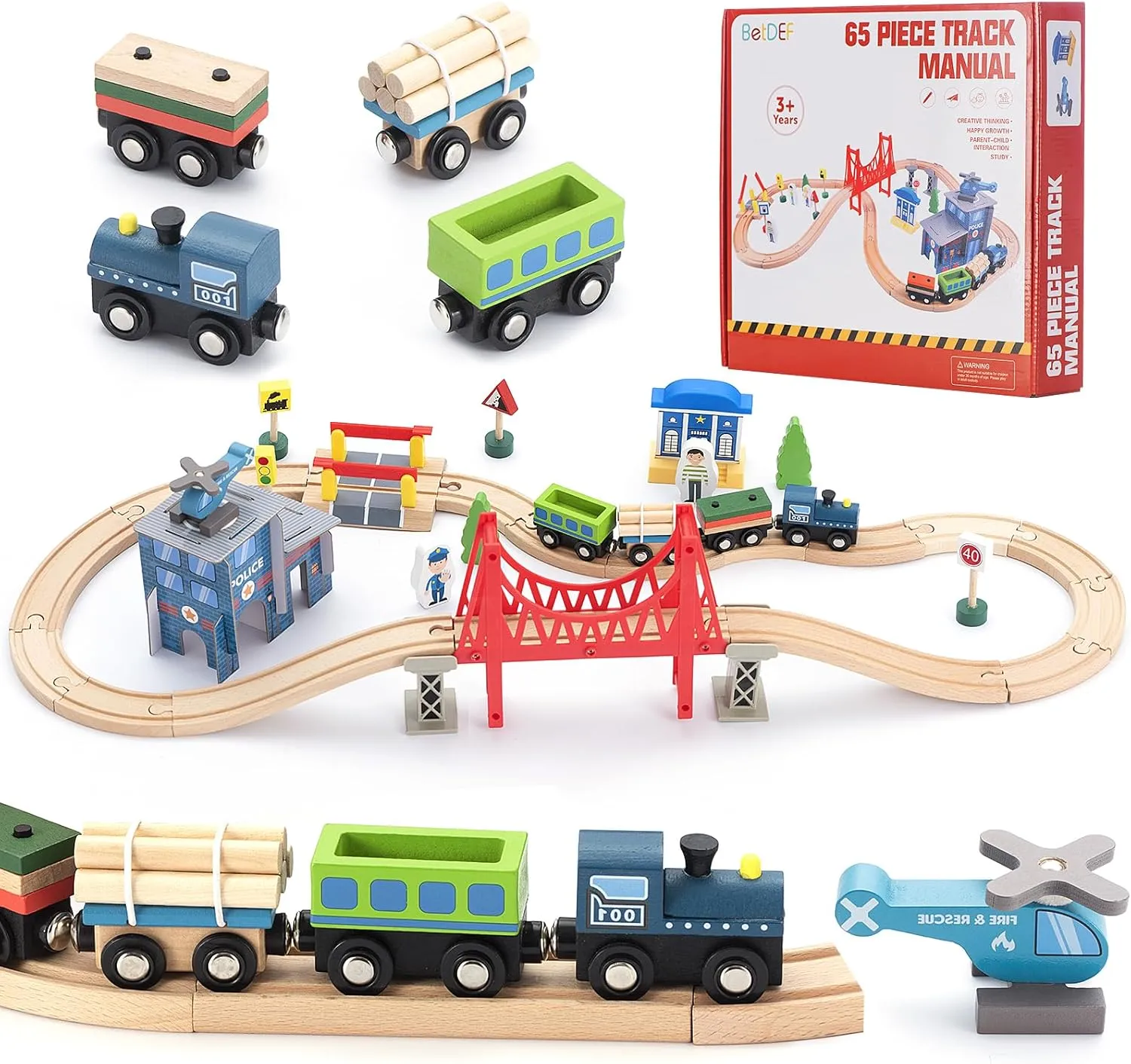 Set 65PCS, Toy Train Sets with All-Wood Double Sided Train Tracks for Boys & Girls Fits Thomas, Brio, Melissa rustproof spiral successively and Doug...(65PC) Wooden Train 