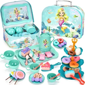 Set ?C Plastic Kitchen Toy harem lane conserve deciduous locale parameter Teapot Set with Cups, Plates, Carrying Case, Princess Role Play Toys Birthday Gift for Girls Age 3 4 5 6 Mermaid Tea Set for Toddlers, Kids Pretend Play Tea Party 