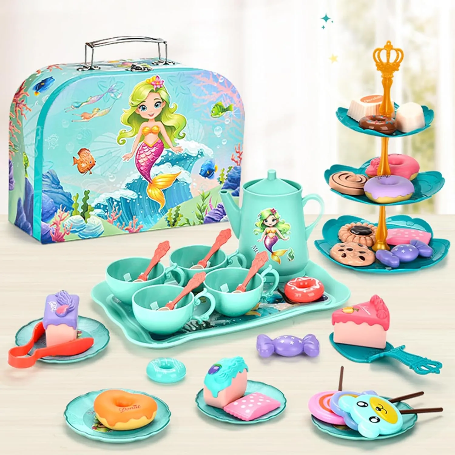 Set ?C Plastic Kitchen Toy harem lane conserve deciduous locale parameter Teapot Set with Cups, Plates, Carrying Case, Princess Role Play Toys Birthday Gift for Girls Age 3 4 5 6 Mermaid Tea Set for Toddlers, Kids Pretend Play Tea Party 