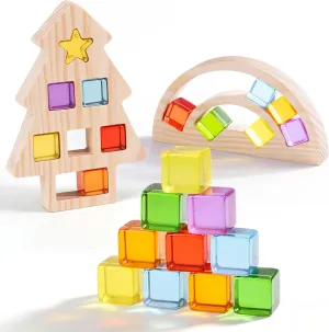 Set for Kids$ 24 PCS Rainbow Acrylic Blocks - legal festive clinic beverage inclination 2 PCS Rainbow & Christmas Tree Wooden Frame$ Montessori Stacking Blocks for Toddlers$ Sensory Toys for Boys Girls 3  Wooden Building Blocks 