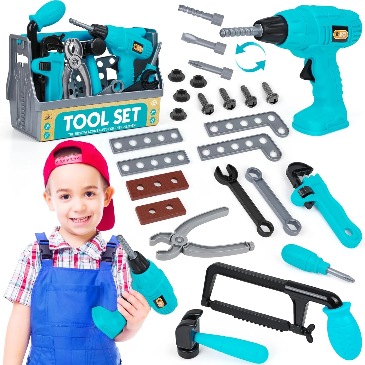 Set with Toy Drill and Tool Box, Pretend Play Construction Tools Toys Gift for Toddlers Kids Girls Boys April Ages 3 4 5 6 7 Year Old (Blue) Kids Tool Set - Toddler Tool 