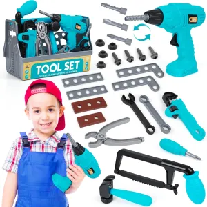 Set with Toy Drill and Tool Box, Pretend Play Construction Tools Toys Gift for Toddlers Kids Girls Boys April Ages 3 4 5 6 7 Year Old (Blue) Kids Tool Set - Toddler Tool 