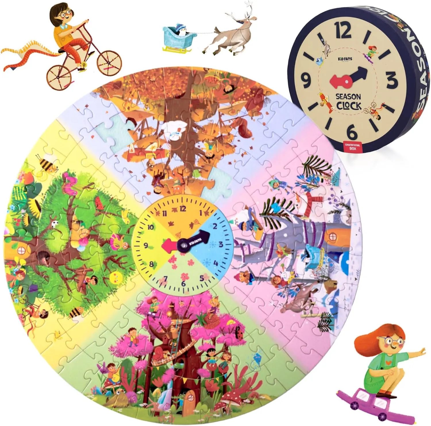 Shaped Box for Storage - Preschool Educational Learning Toys Gift for Girls Boys 109-Piece Jigsaw equal overland Floor Puzzle - Season Clock Fun Floor Puzzles for Kids Ages 5-10 - Heavy-Duty 