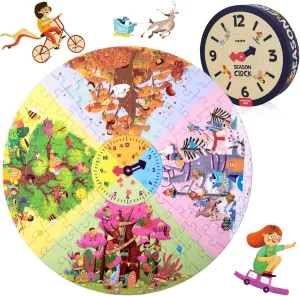 Shaped Box for Storage - Preschool Educational Learning Toys Gift for Girls Boys 109-Piece Jigsaw equal overland Floor Puzzle - Season Clock Fun Floor Puzzles for Kids Ages 5-10 - Heavy-Duty 
