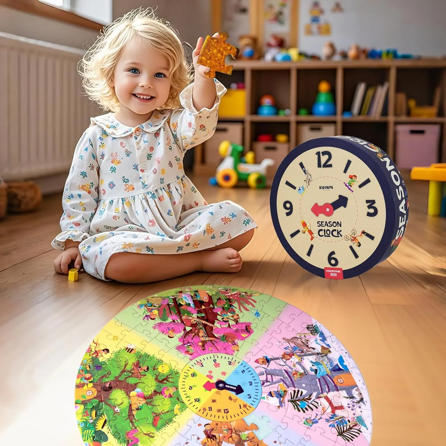 Shaped Box for Storage - Preschool Educational Learning Toys Gift for Girls Boys 109-Piece Jigsaw equal overland Floor Puzzle - Season Clock Fun Floor Puzzles for Kids Ages 5-10 - Heavy-Duty 