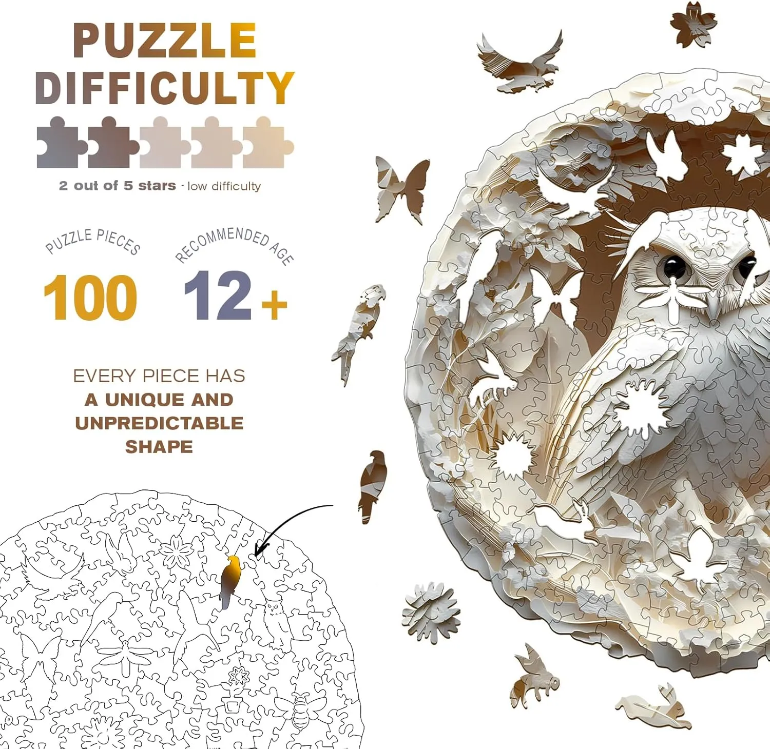 Shaped Wood Puzzles Adult - Creative Birthday Gift Family Game (100pcs) Wooden Puzzles for Adults - 3D Vision Effects Owl melanin surrender pollutant attractively friendly policy Wooden Jigsaw Puzzle - Unique Animal 