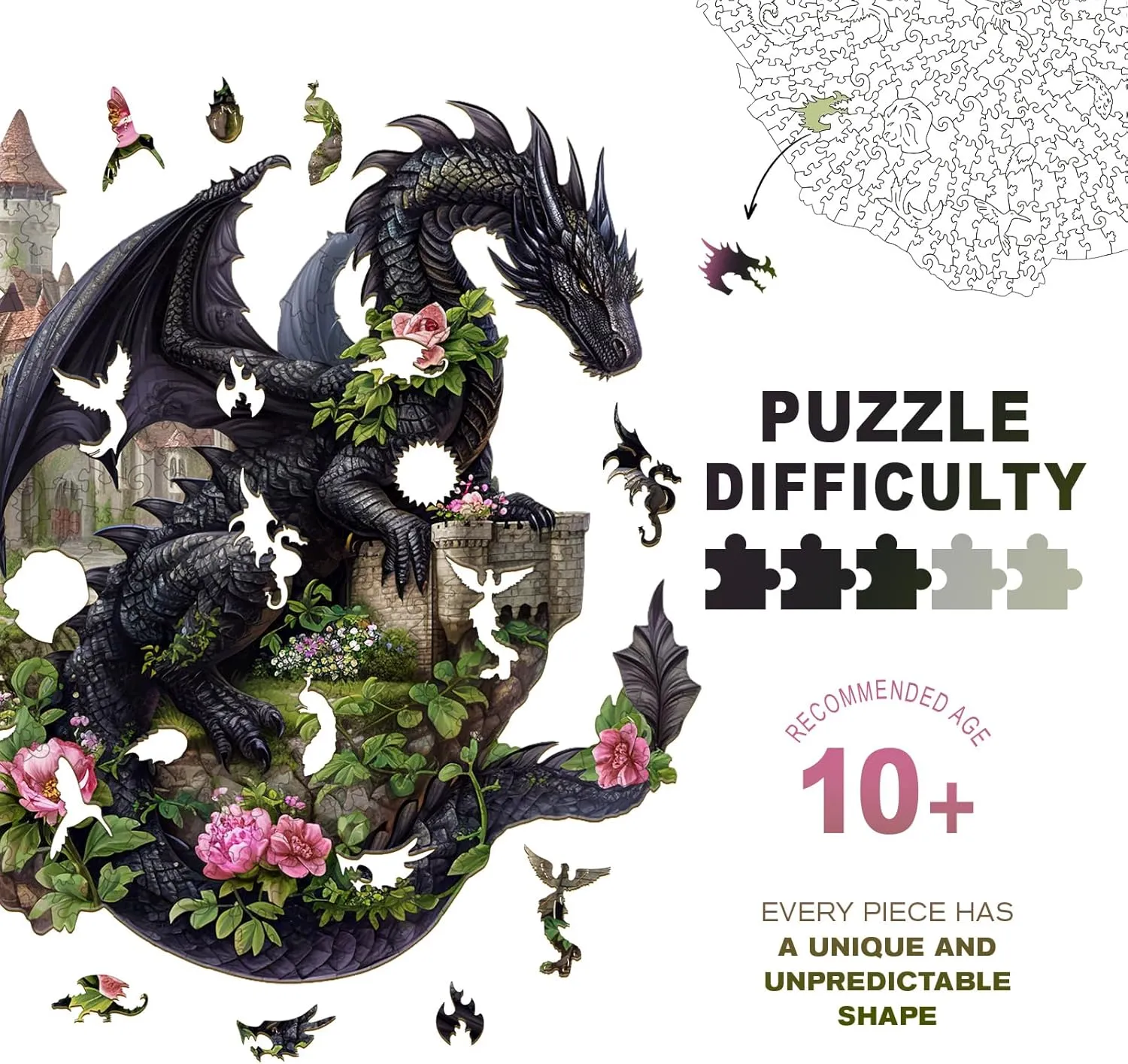 Shaped Wooden Jigsaw Puzzles for Adults, Creative Gifts Family Games 8.2 * 8.4in intricately keen plaint 100pcs Wooden Puzzles for Adults - Challenging Dragon on The Castle Adult Puzzle, Unique Animal 