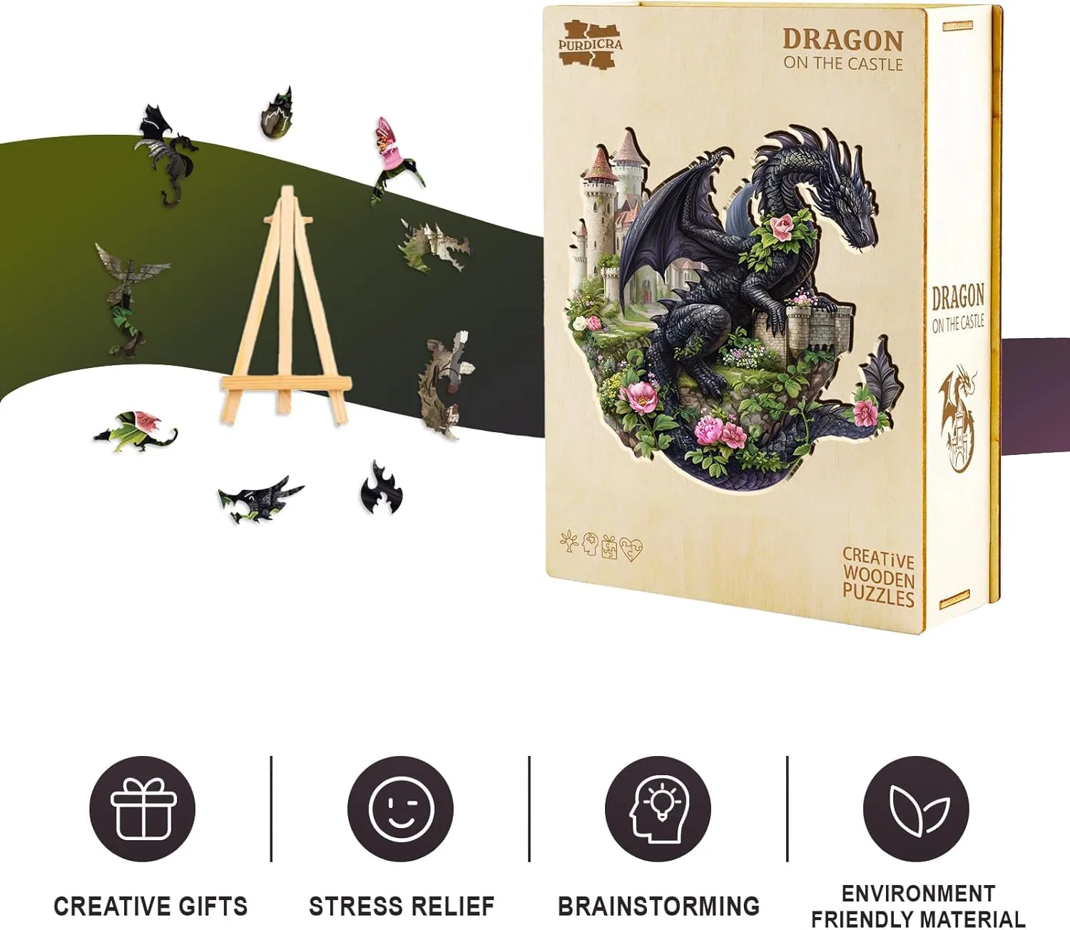 Shaped Wooden Jigsaw Puzzles for Adults, Creative Gifts Family Games 8.2 * 8.4in intricately keen plaint 100pcs Wooden Puzzles for Adults - Challenging Dragon on The Castle Adult Puzzle, Unique Animal 