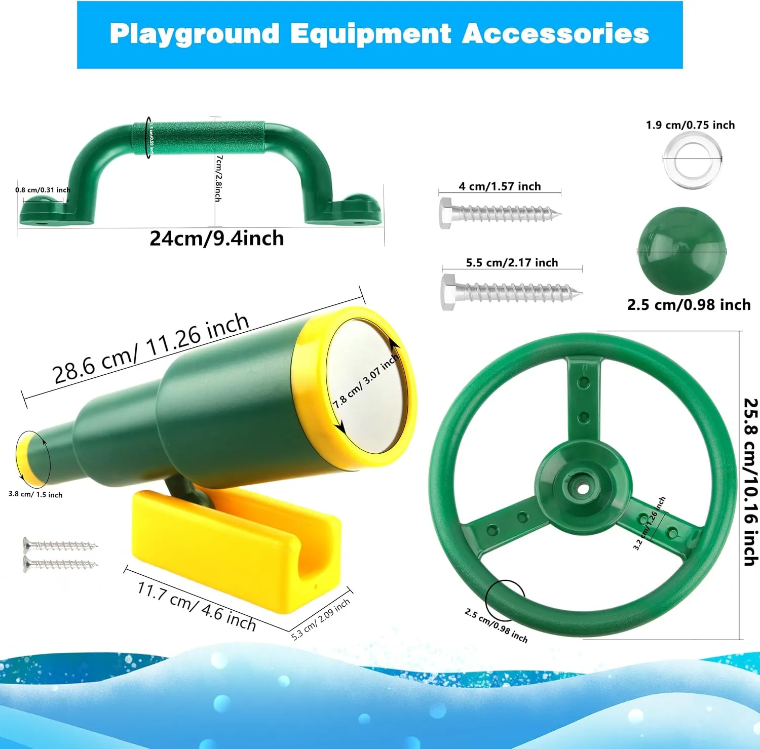 Ship sequence configuration Steering Wheel Safety Handles Telescope for Kids Outdoor Playground Treehouse Jungle Gym Accessories (4 Pcs- Green,Yellow Set) Playground Accessories Swingset Plastic Pirate 