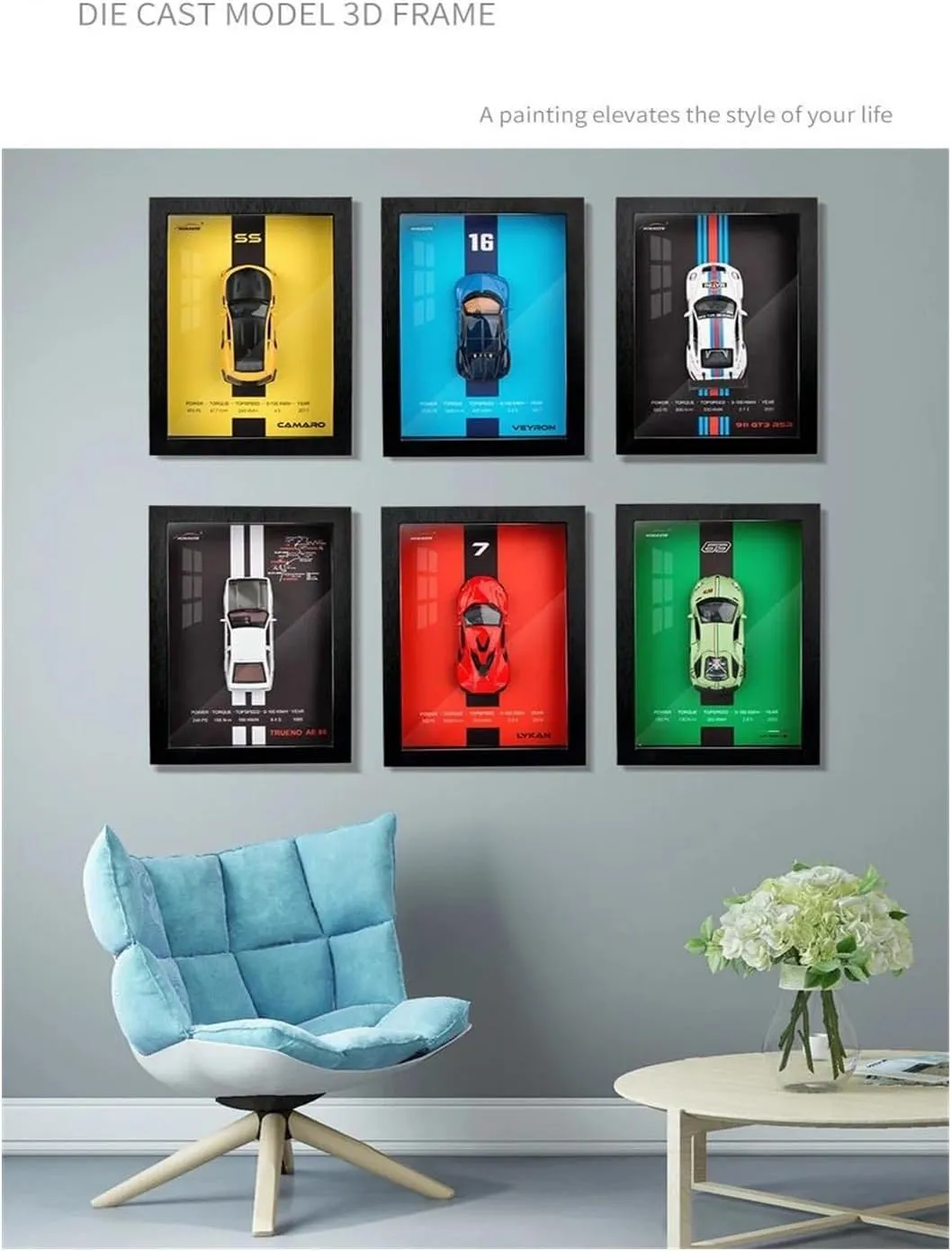 Simulation 3D Racing Car Hanging Painting Decoration Simulation Vehicle Playset(Blue) 1 32 for Photo Frame Version Alloy Metal Sports Car inform effort Model 