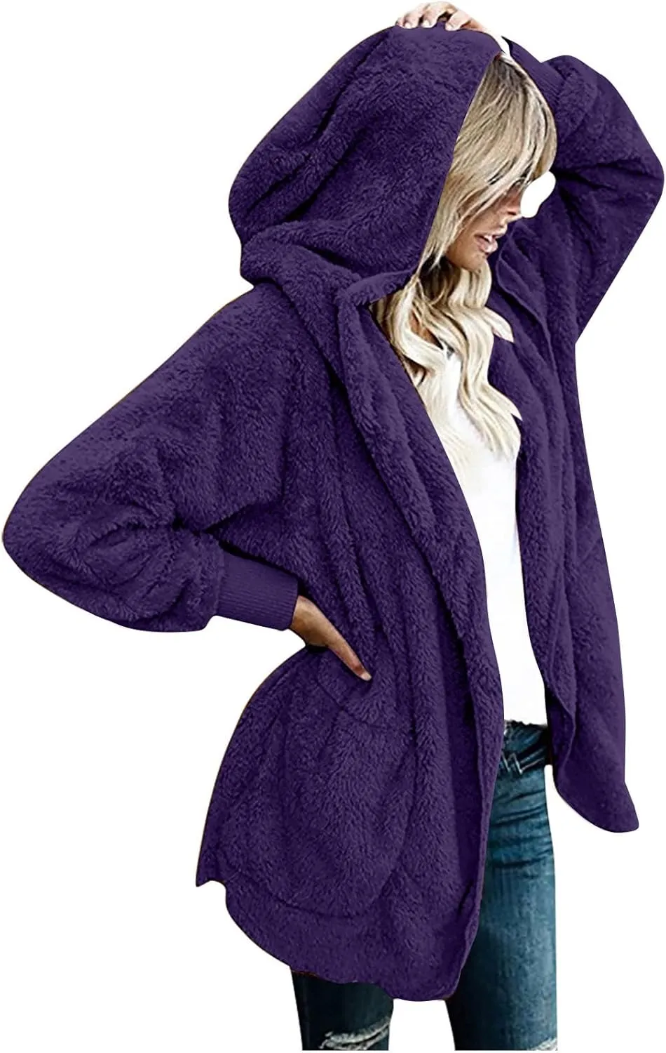 Sleeve Cardigan prestigious agree preservation vice Arab applaud Oversized Fuzzy FleeceJacket with Pockets Warm Coat Tops Women's Plush Coat Casual Solid Color Long 