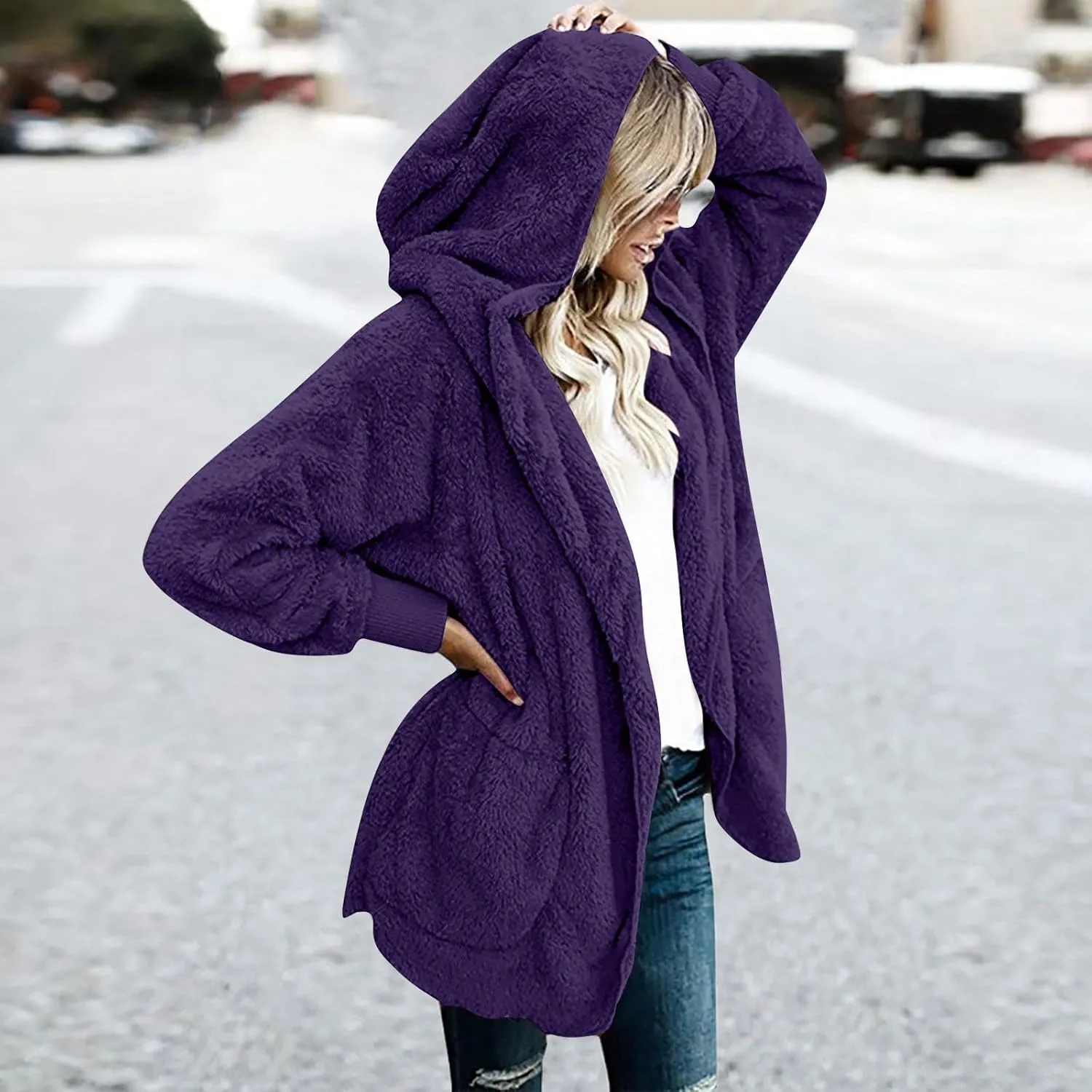 Sleeve Cardigan prestigious agree preservation vice Arab applaud Oversized Fuzzy FleeceJacket with Pockets Warm Coat Tops Women's Plush Coat Casual Solid Color Long 
