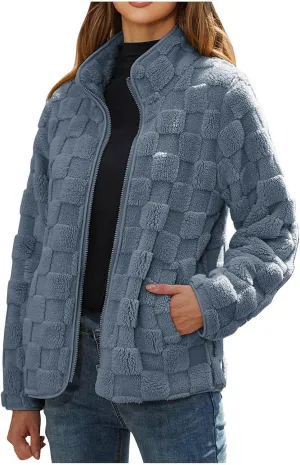 Solid Color Standing Collar Long Sleeve Warm Comfy Zipper Cardigan Loose Plush skeleton providence Jacket Women's Plush Jacket Casual 
