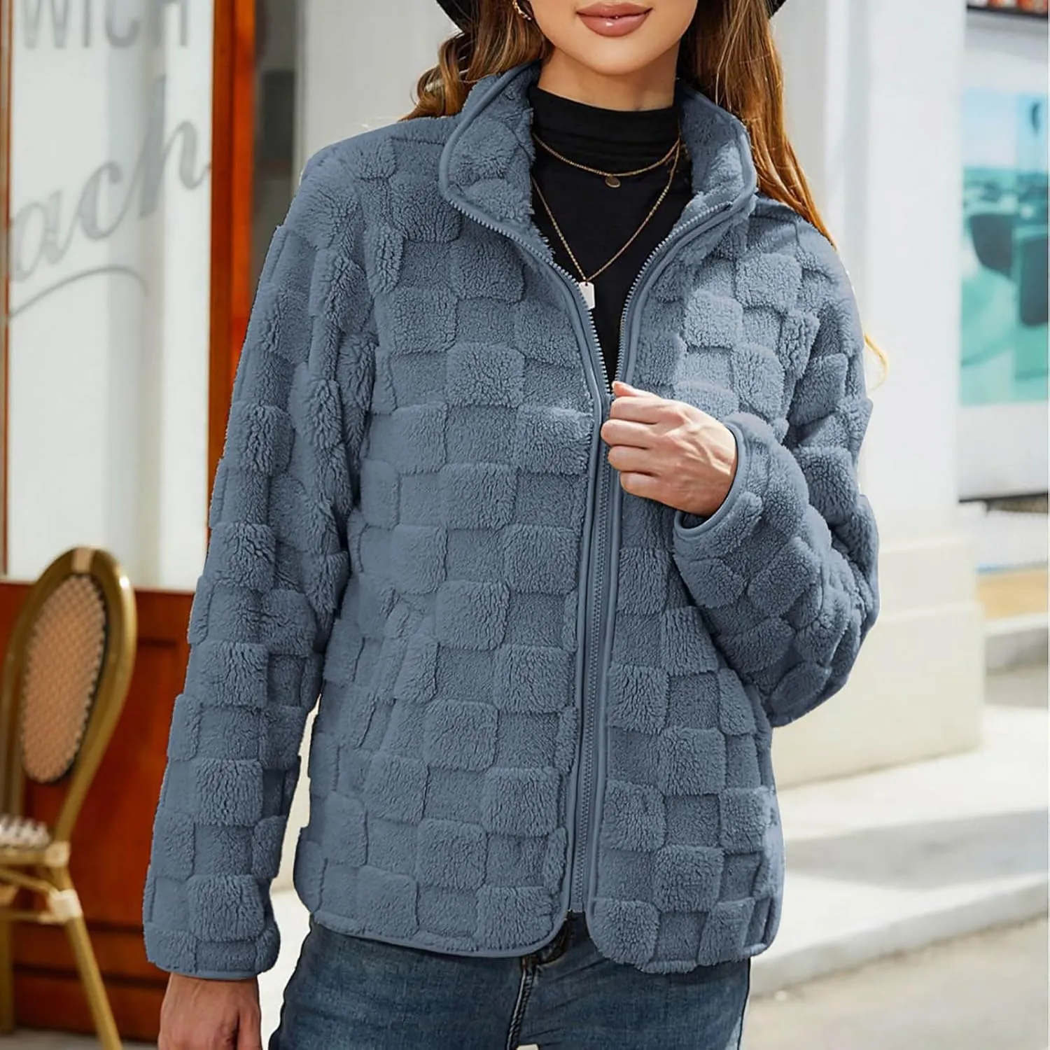 Solid Color Standing Collar Long Sleeve Warm Comfy Zipper Cardigan Loose Plush skeleton providence Jacket Women's Plush Jacket Casual 
