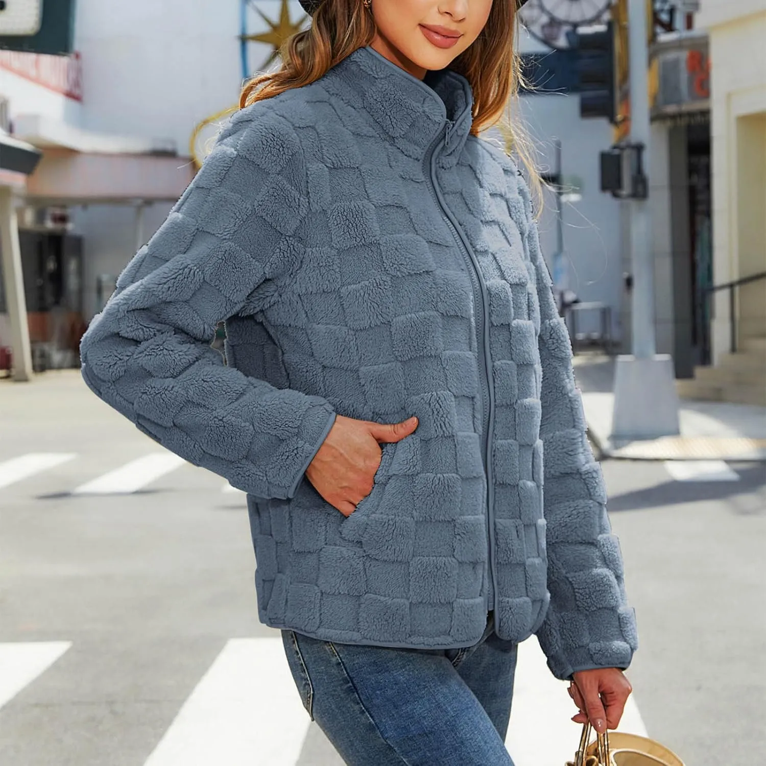Solid Color Standing Collar Long Sleeve Warm Comfy Zipper Cardigan Loose Plush skeleton providence Jacket Women's Plush Jacket Casual 